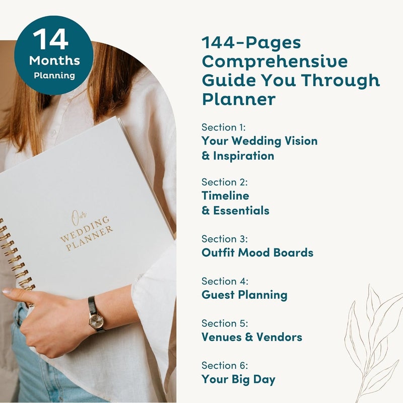 Nook Theory كتاب ومنظم حفلات الزفاف الفاخر من الكتان الخالد – كتاب تخطيط الزفاف، تذكار شامل ومجلد العد التنازلي، هدية مثالية للخطوبة للنساء، 11" × 9" (كريم) - Image 3